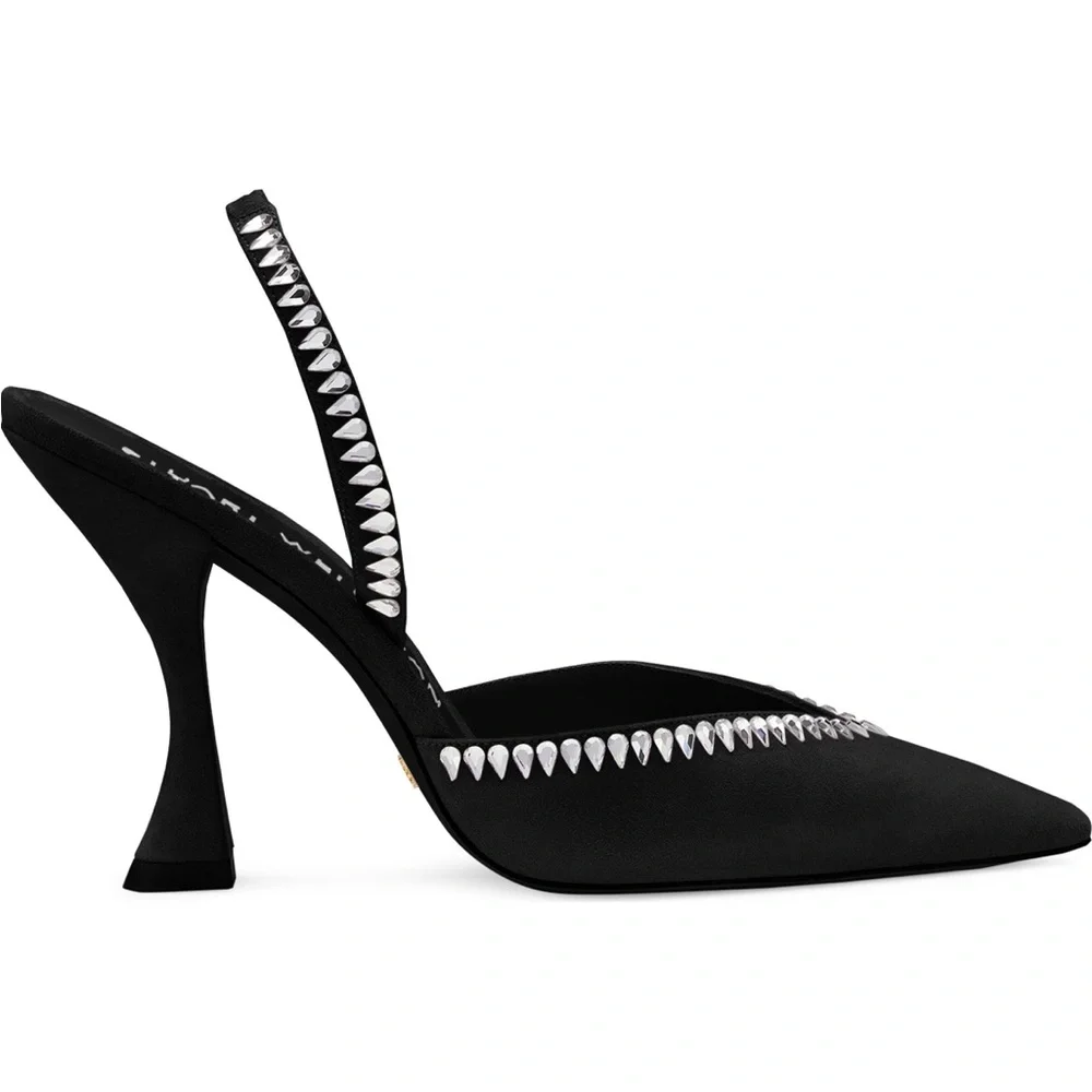 Stuart Weitzman Women’s Black Pointed Slingback Pump with Crystal Trim